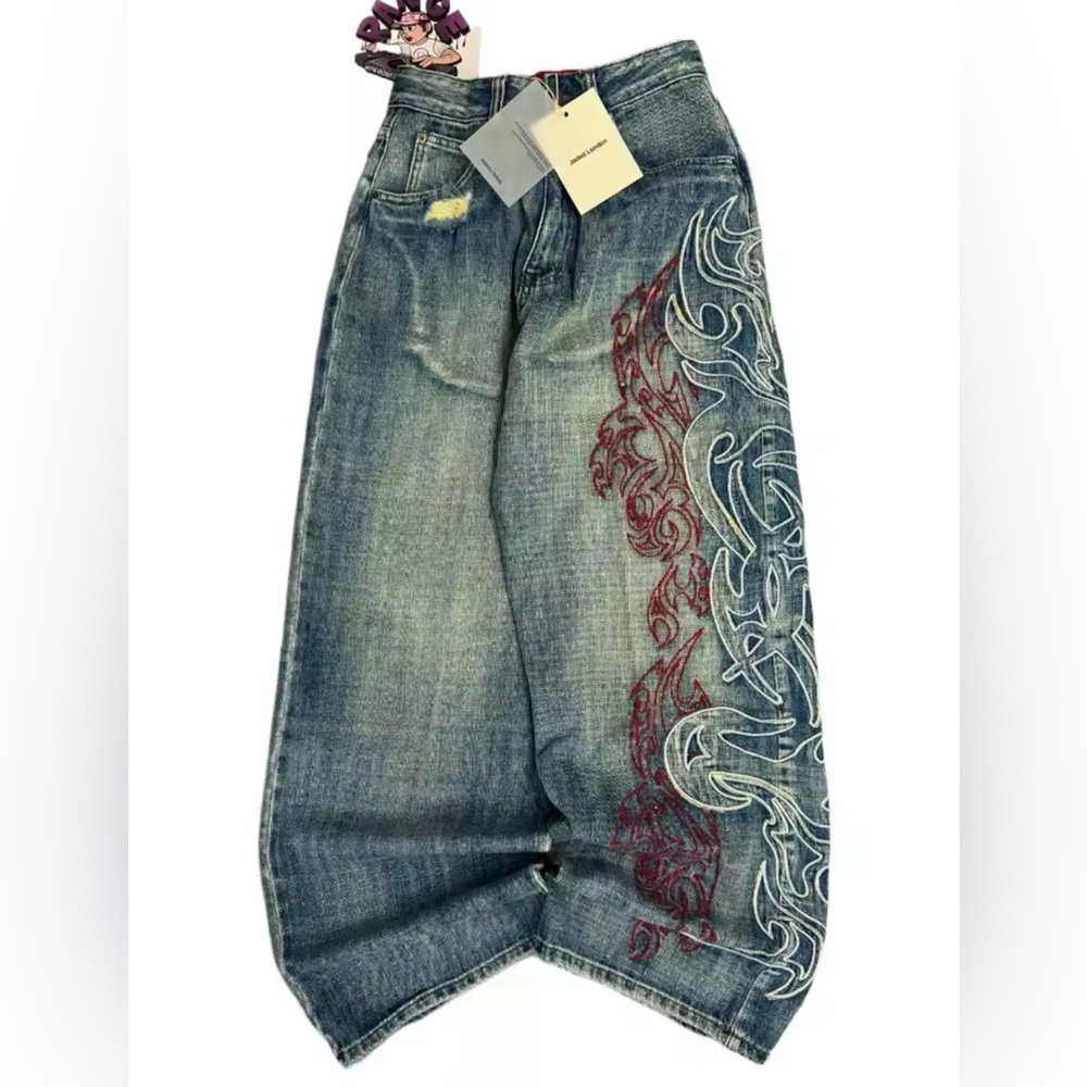 Embroidered Blue Jeans with Red Design